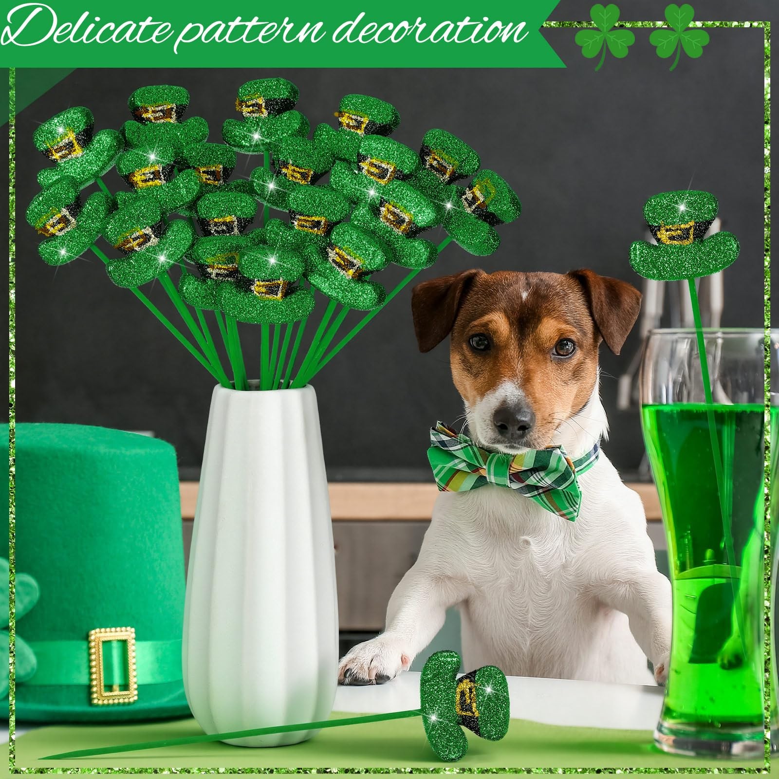 24 Pcs St. Patrick’s Day Glitter Picks Shamrock Leprechaun Hat Picks St Patri…
