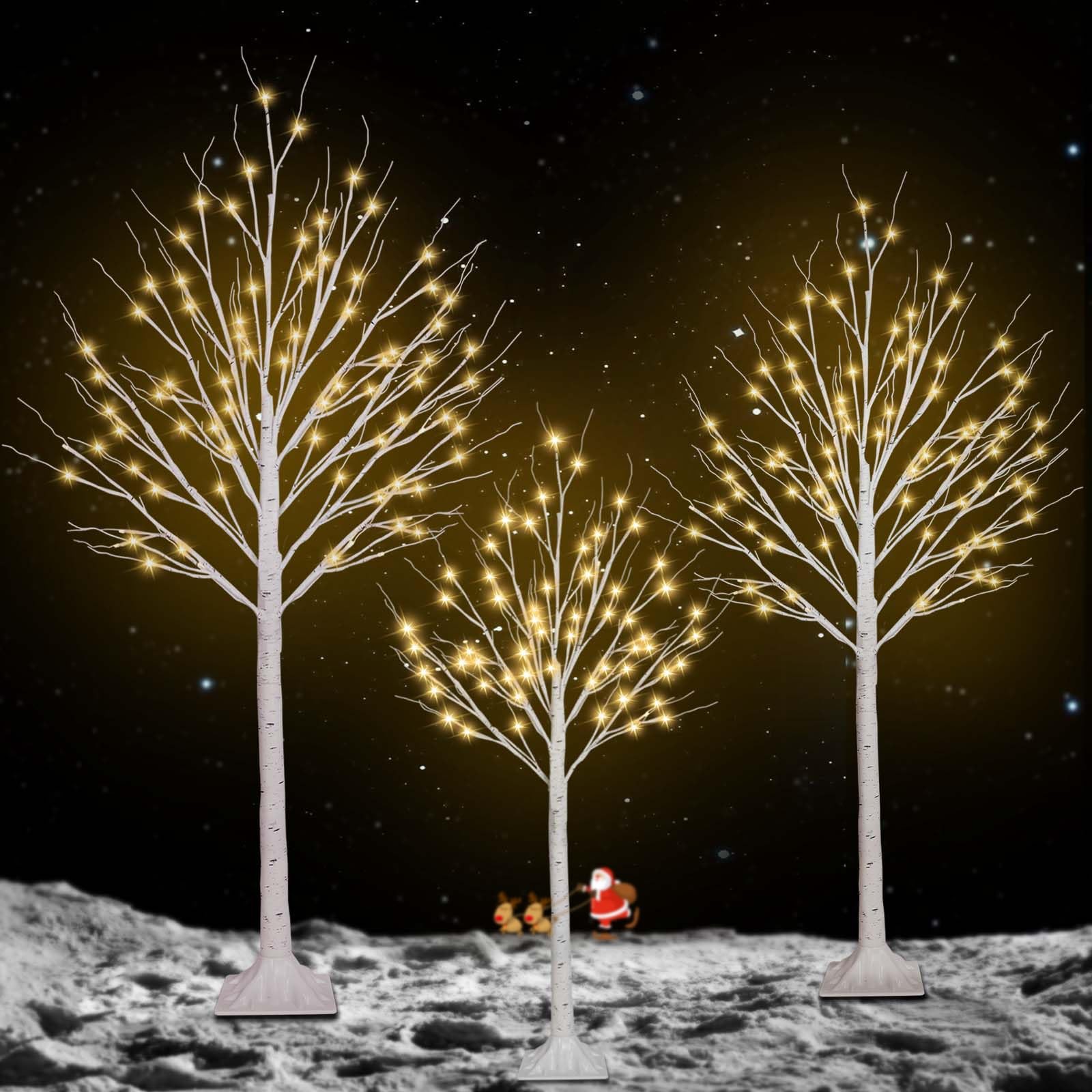 3 Pack 4FT 5FT and 6FT 300LED Christmas Lighted Birch 3Pack 456FT, Warm White