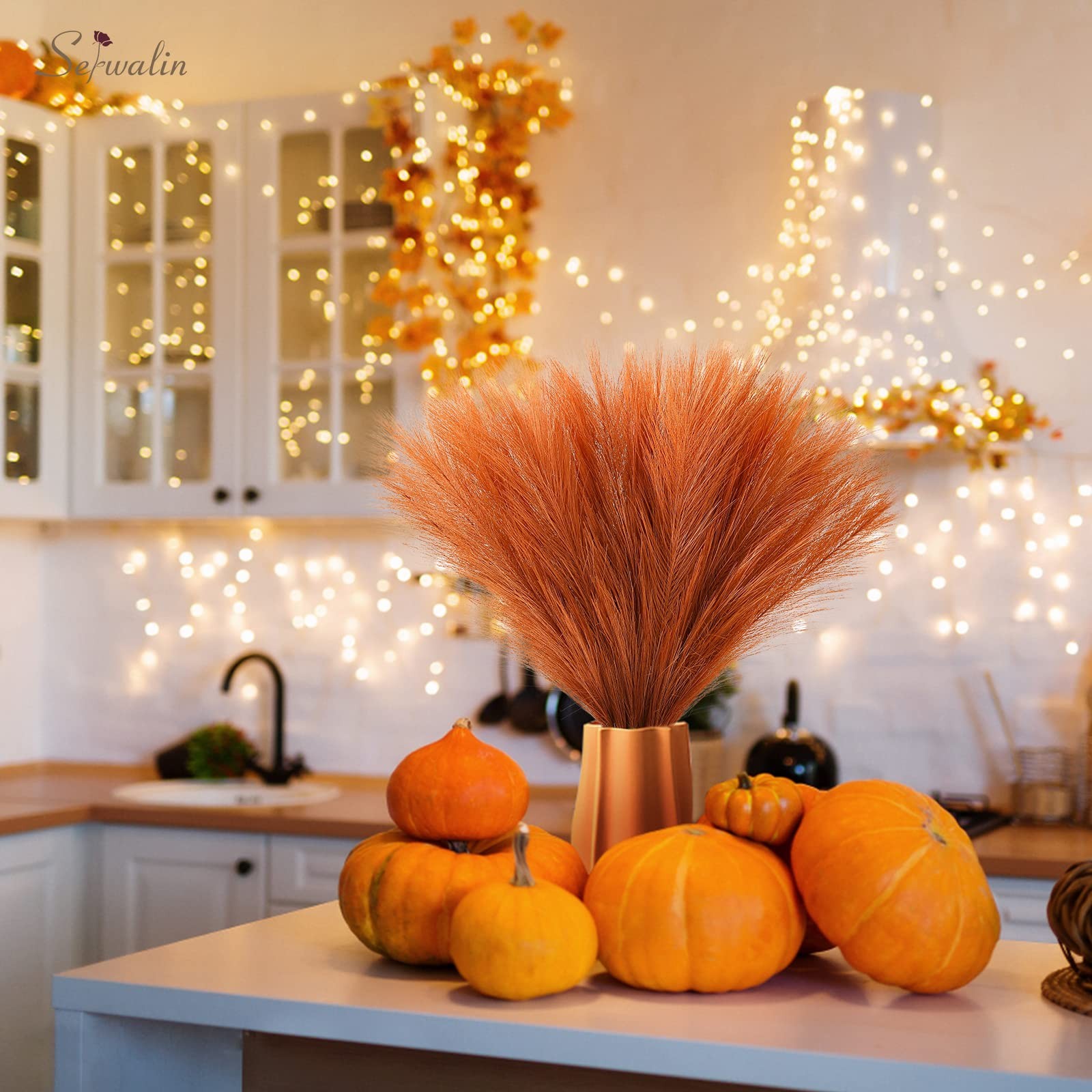 Pampas Grass Decor 17.7 Inch 6 Pcs Orange Pampas Grass, Faux Burnt Orange Pam…