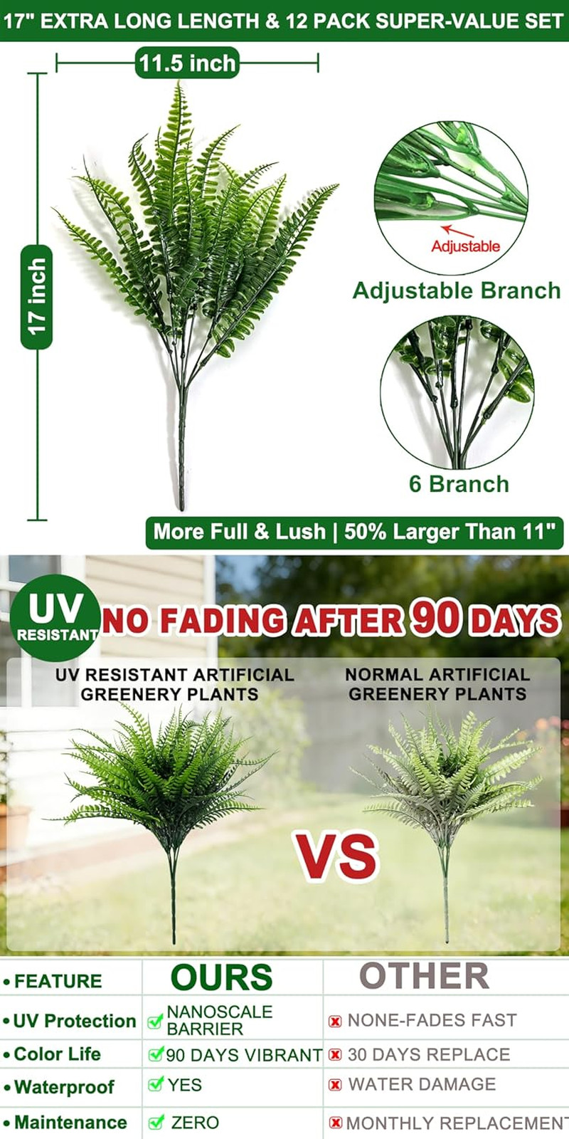 12 Bundles Fake Ferns Artificial Plants Outdoor 17 Inch Long Length Summer Decor