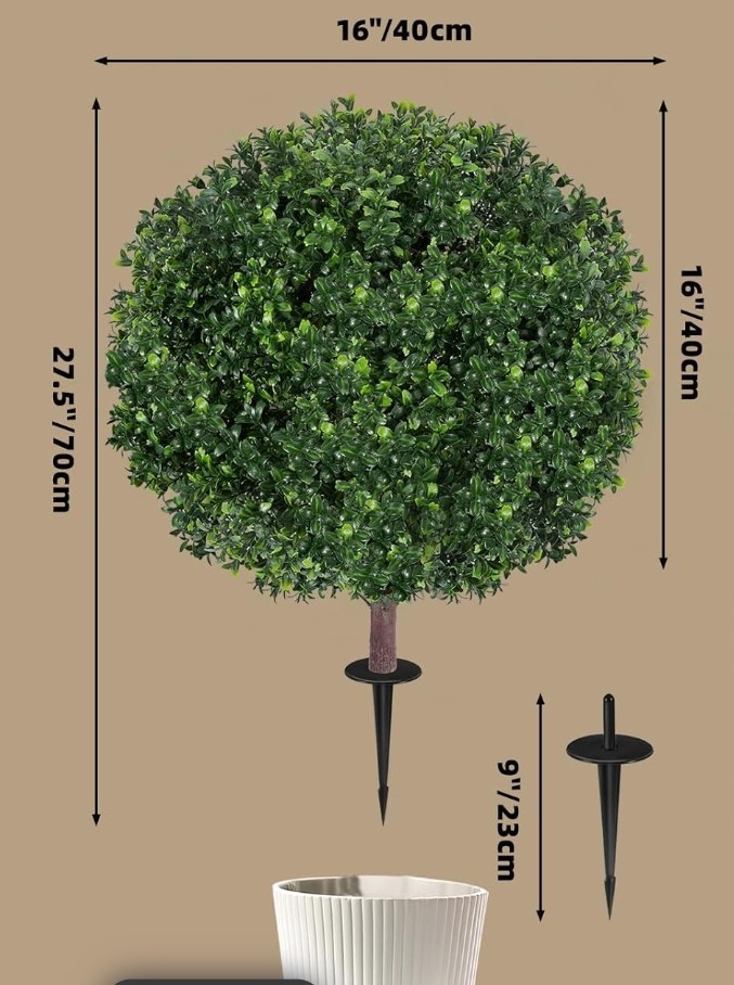 27.5″ Artificial Boxwood Topiary Ball Tree, Set of 2 Fake Bushes Shrubs W Steaks