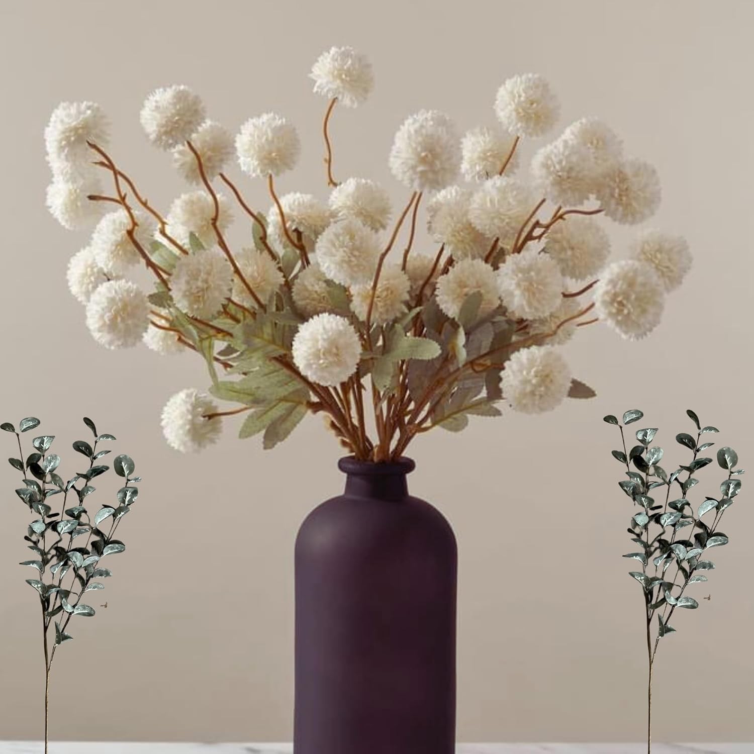 White Faux Flowers for Vase – Kiku 10 Stems & Eucalyptus, Fake Flowers Stems