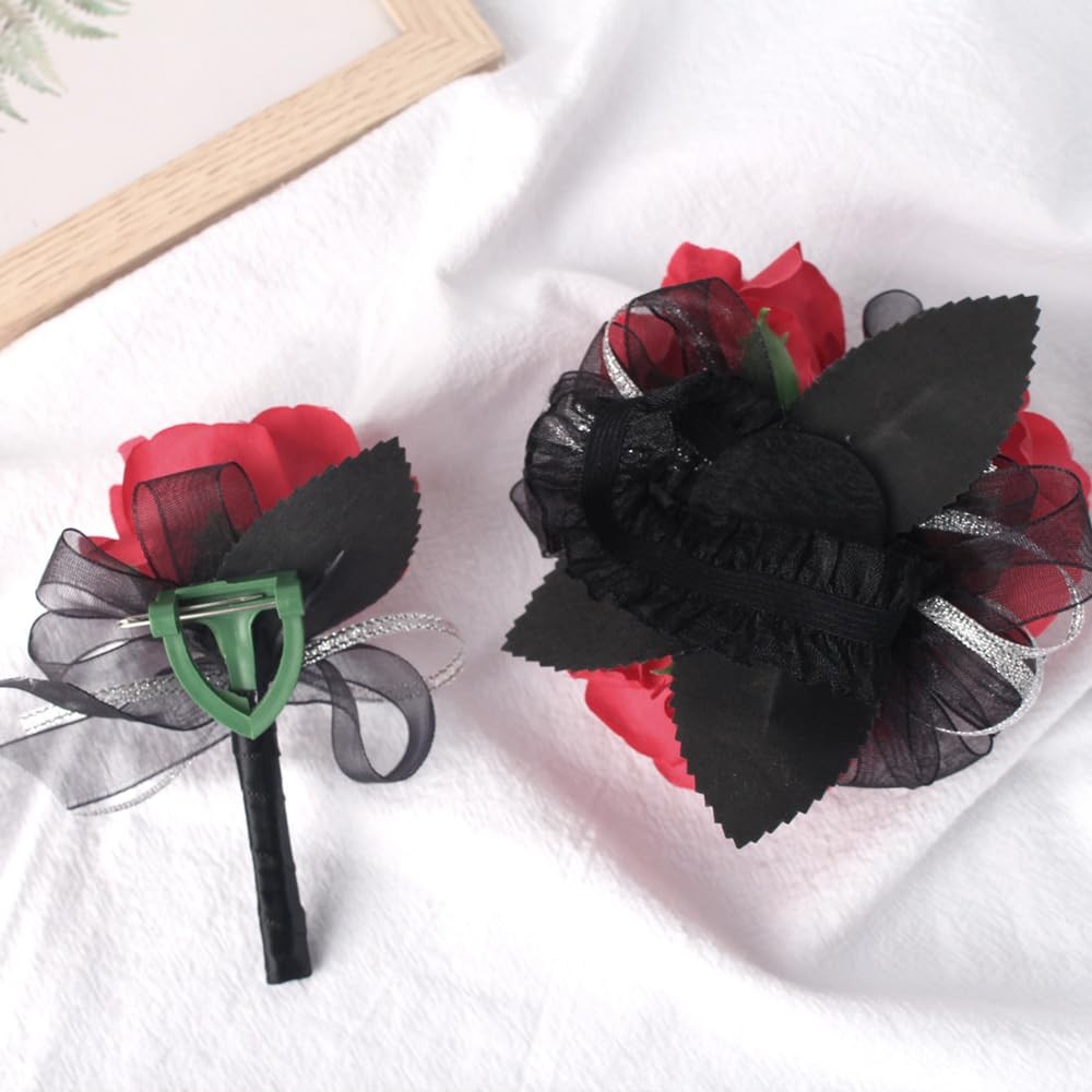 2 PCS Red Rose Wrist Corsage Wristlet Men Boutonniere Set Wedding Prom Flower