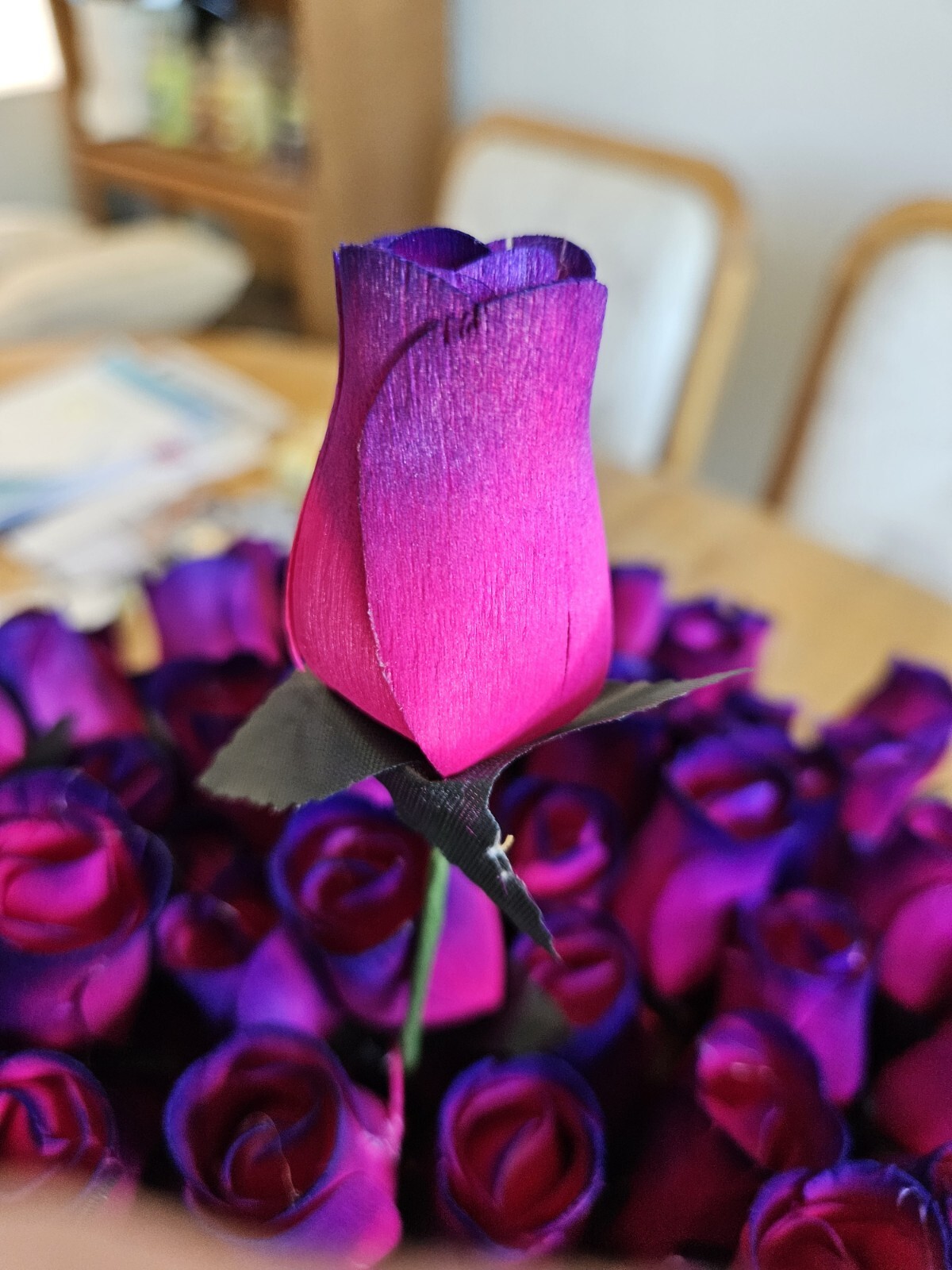 1 DOZEN – HOT PINK- PURPLE WOODEN ROSE BUDS 5 X 8 ARTIFICIAL FLOWERS