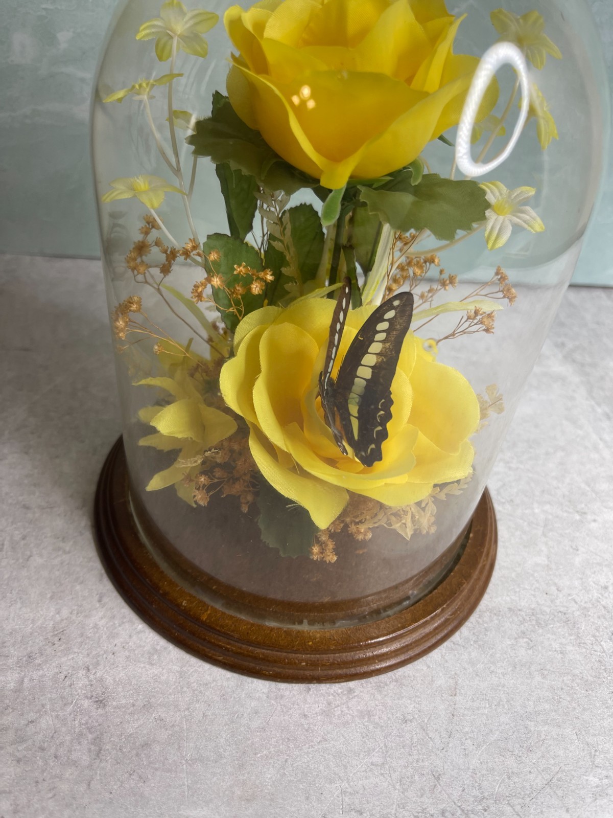 Vintage Butterfly Cloche Dome silk flowers yellow Wood Frame 9″