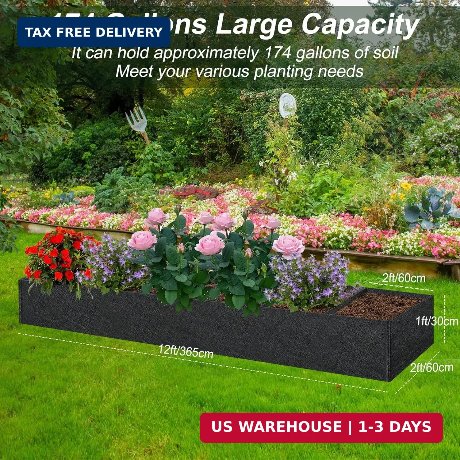 2PCS 12x2x1ft Fabric Raised Garden Bed Outdoor Patio 6 Grids Raised Planter Box