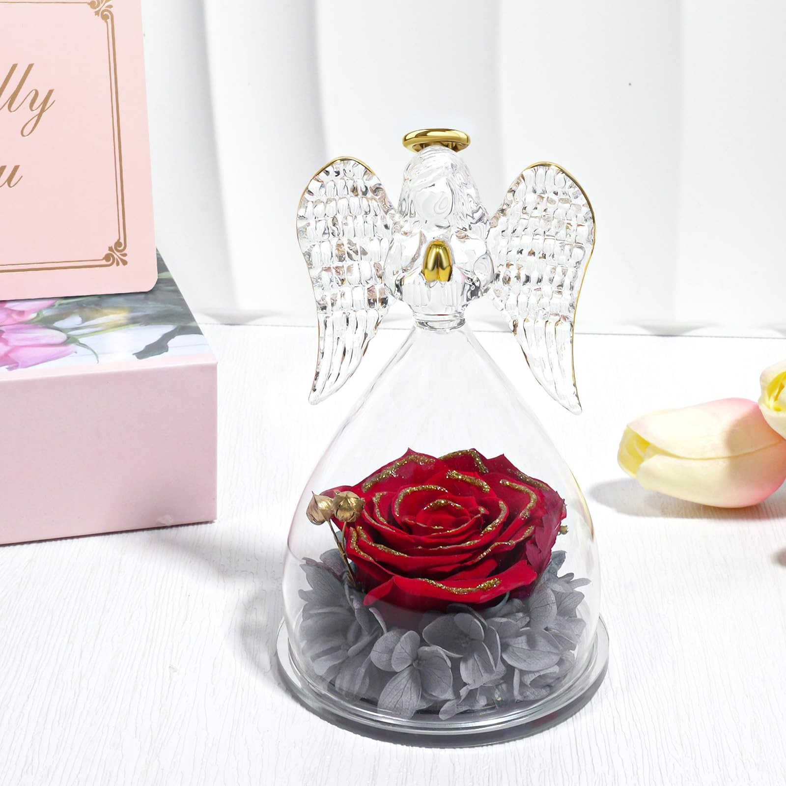 Angel Figurines With Real Rose Preserved Flowers Mothers Day Gift Redgold