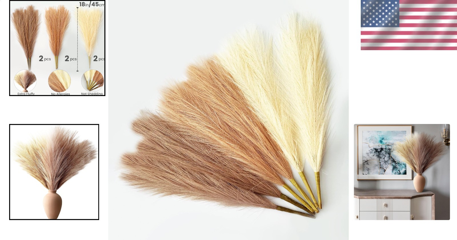 Boho Faux Pampas Grass 6 Stems Beige Curry Brown Silk Artificial Flower Decor