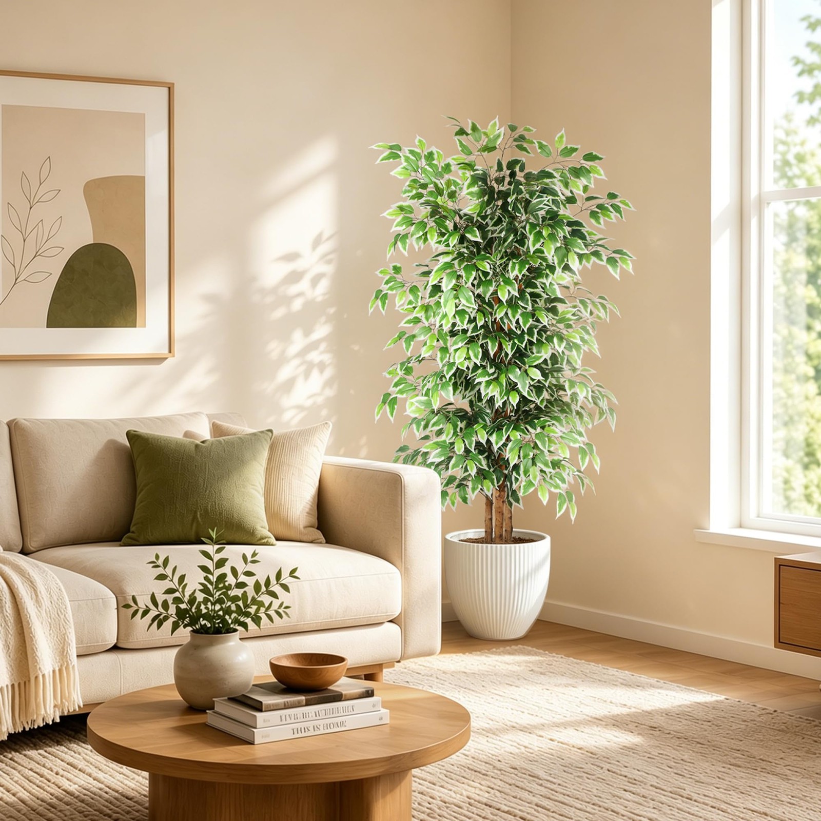 6ft Ficus Artificial Tree, Tall Faux Trees Indoor with Natural Trunk and Fake…