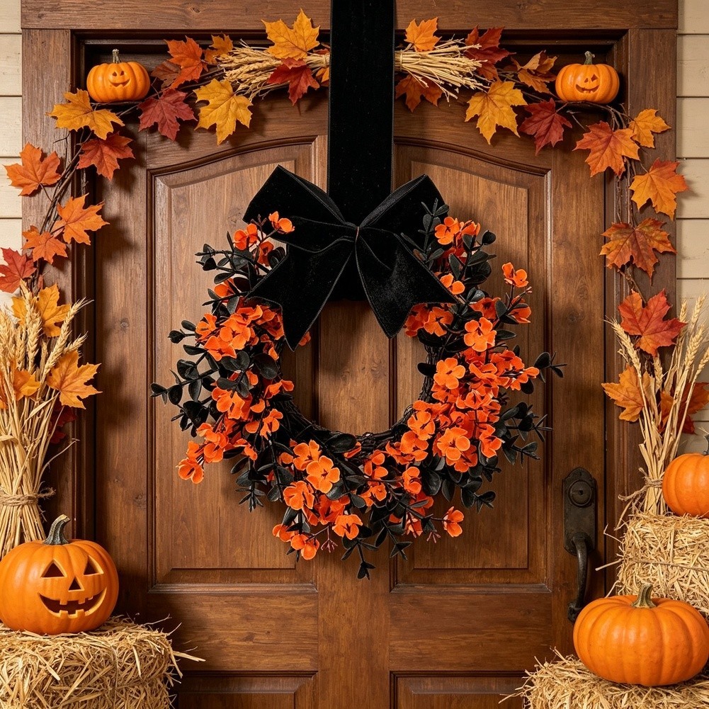 Halloween Wreath Festive Wall Hanging Sturdy Plastic Material Lightweight Design