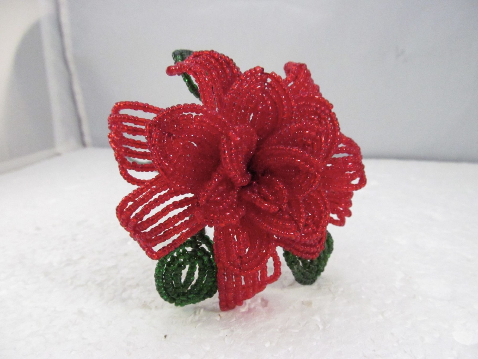 Handcrafted Red & Green French Beaded Flower with Stem Home Decor Gift 11 inch