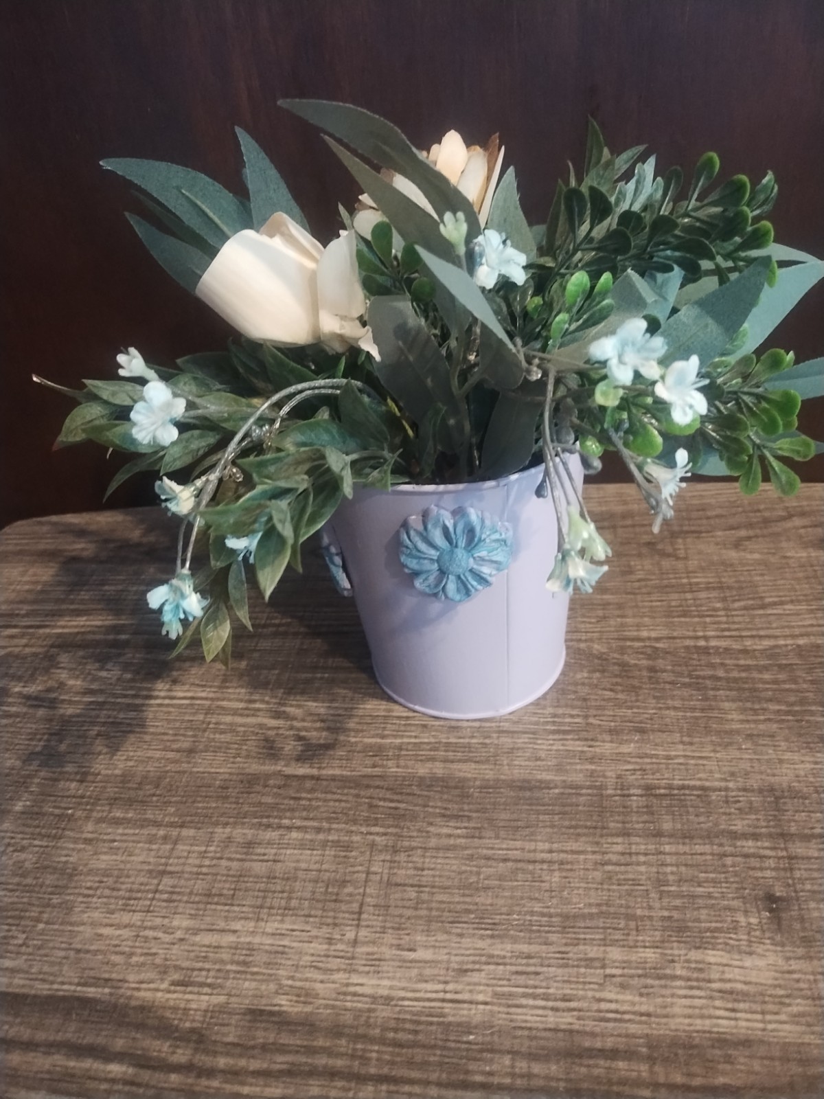 Turquoise Lavender Faux Flowers Paper wood Plants Home Pot Purple 9 x 3 Painted