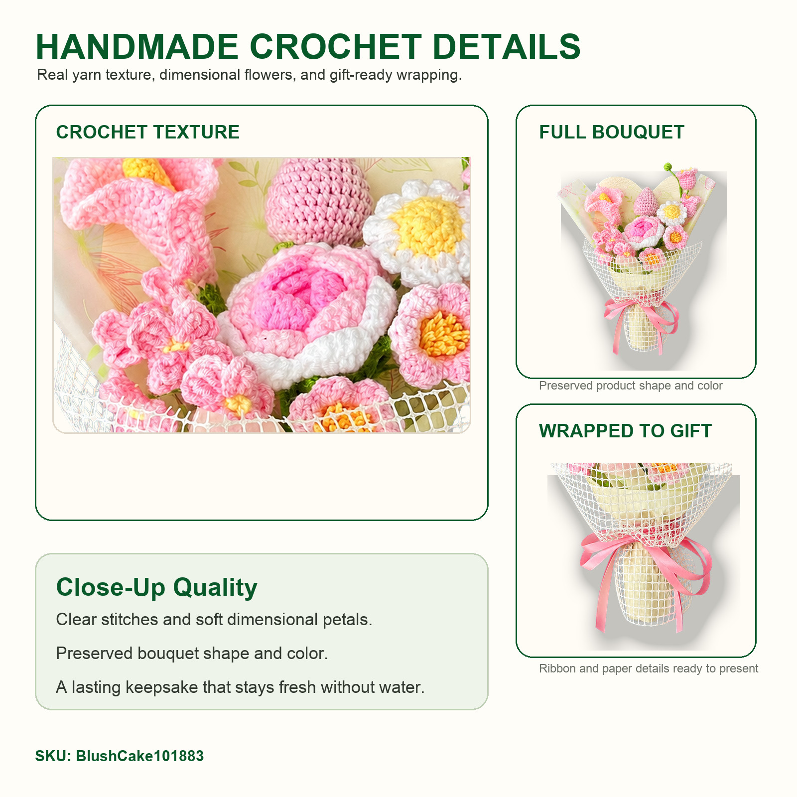 Blush Pink Rose Lily Crochet Bouquet Birthday Gift Home Decor