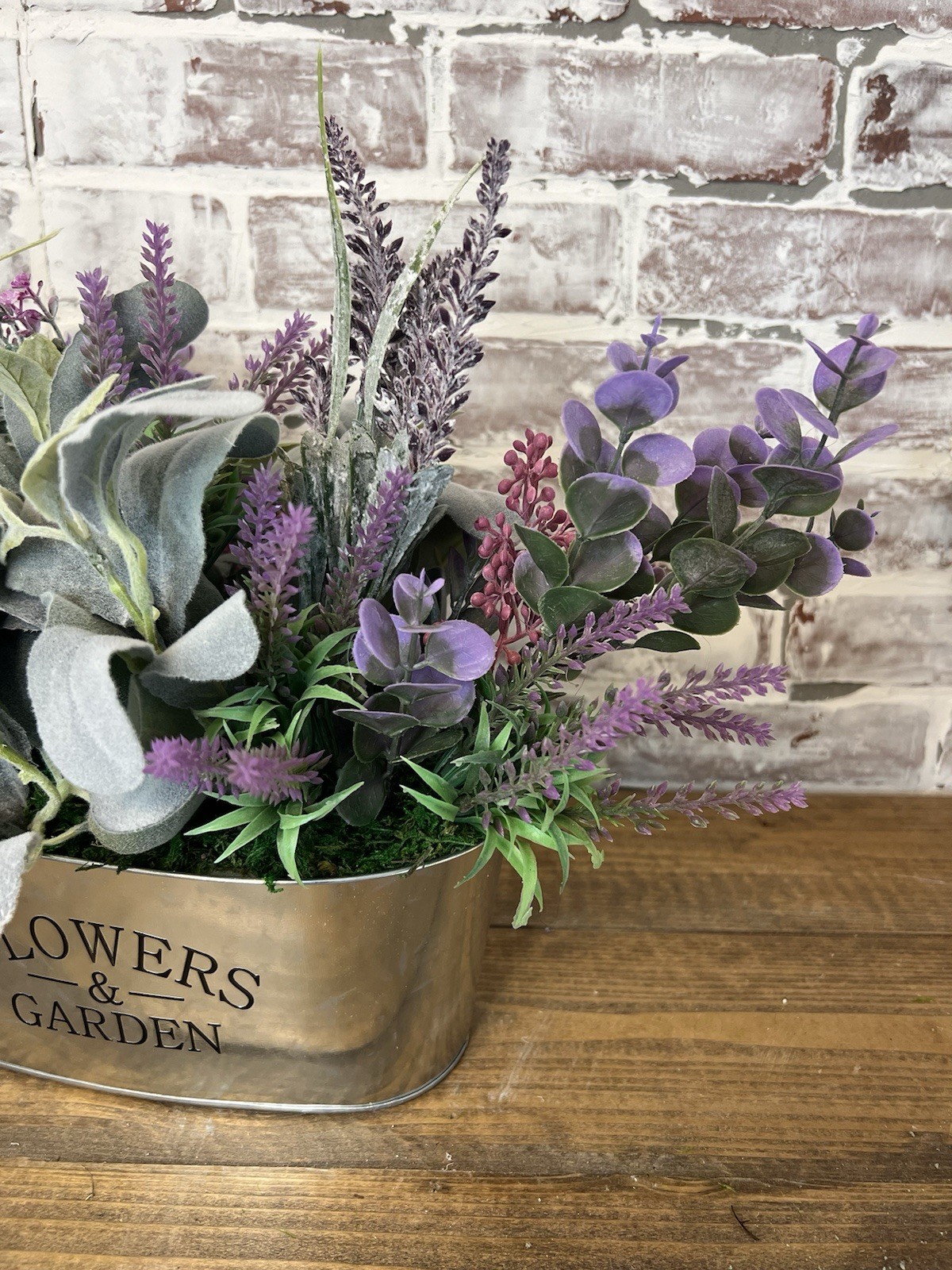 Lavender And Lambs Ear Floral Arrangement In A Galvanized Metal Container.
