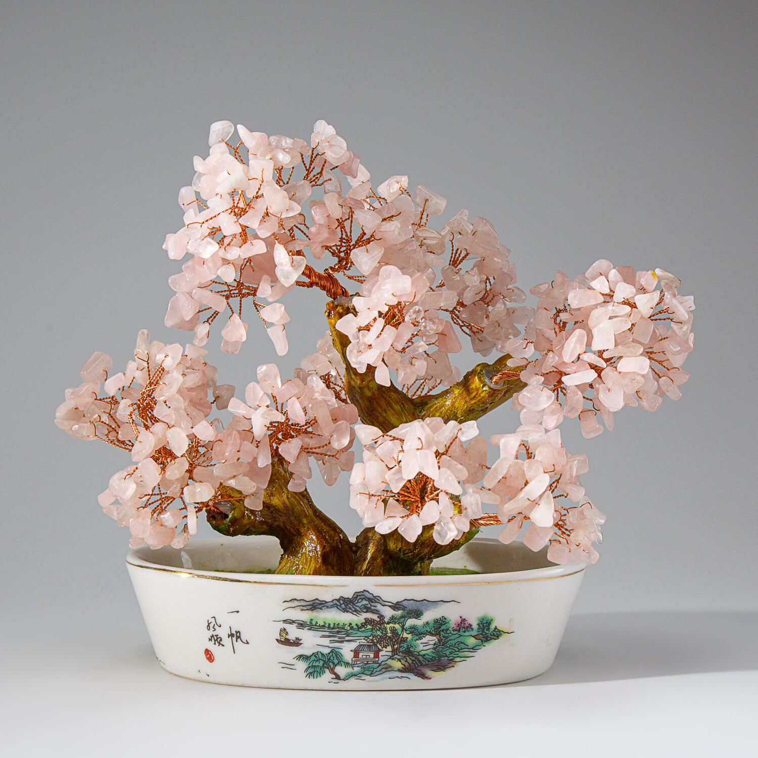 Genuine Rose Quartz Gemstone Bonsai Tree in Oval Ceramic Pot (7”)