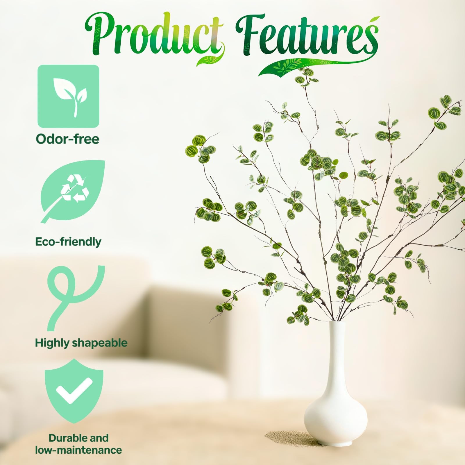 4 Pcs 38.5″ Tall All-Green Artificial Branches with Leaves, Realistic Faux Fi…