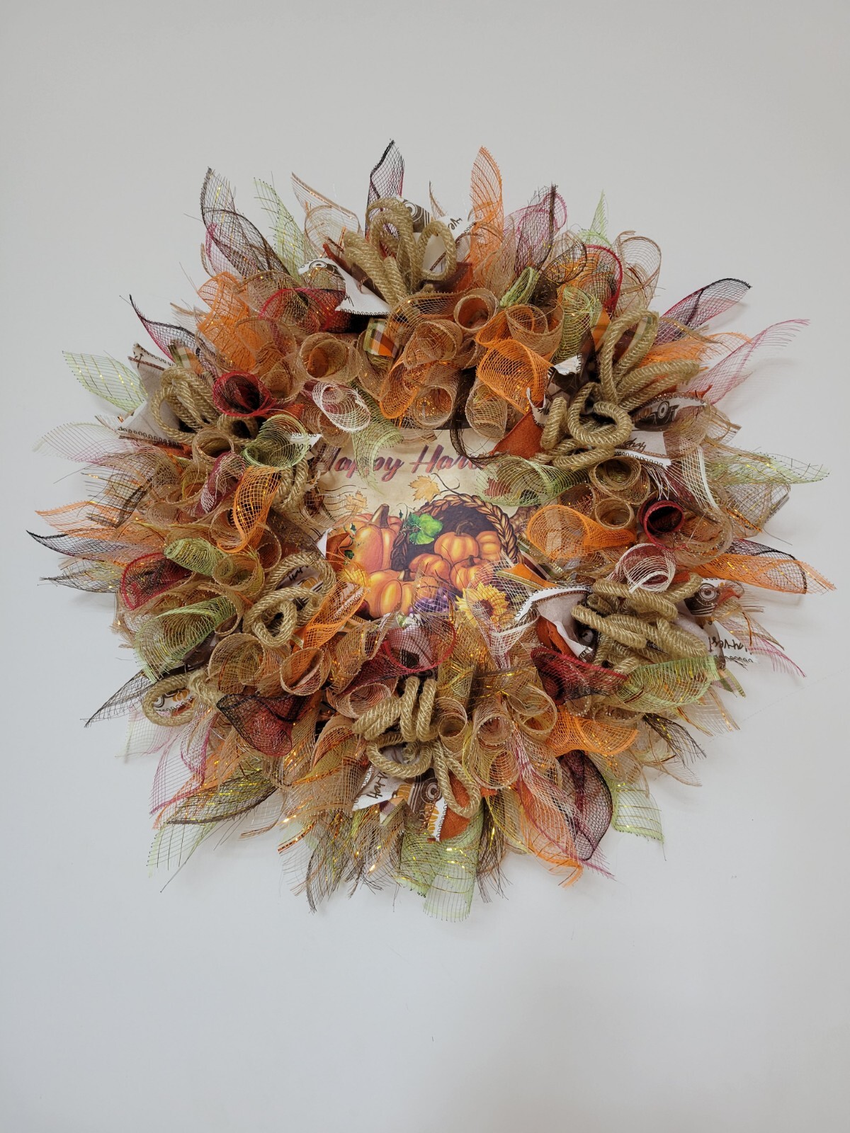 HAPPY HARVEST autumn Spring Mesh Front Door Wreath Wall Decor Bright colors