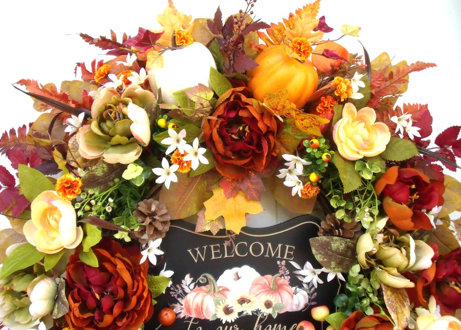Fall Door Wreath, Thanksgiving Autumn Peony Pumpkin Wreath, Sage Orange Rust