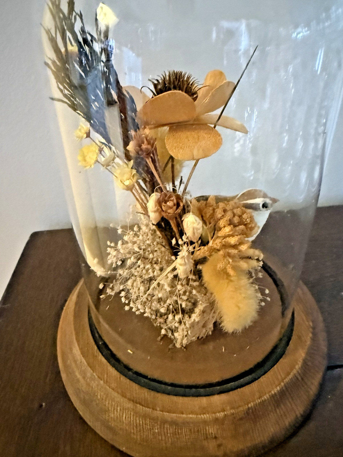 Vintage Hand Made Dried Floral & Bird Diorama / Terrarium Glass Dome Display