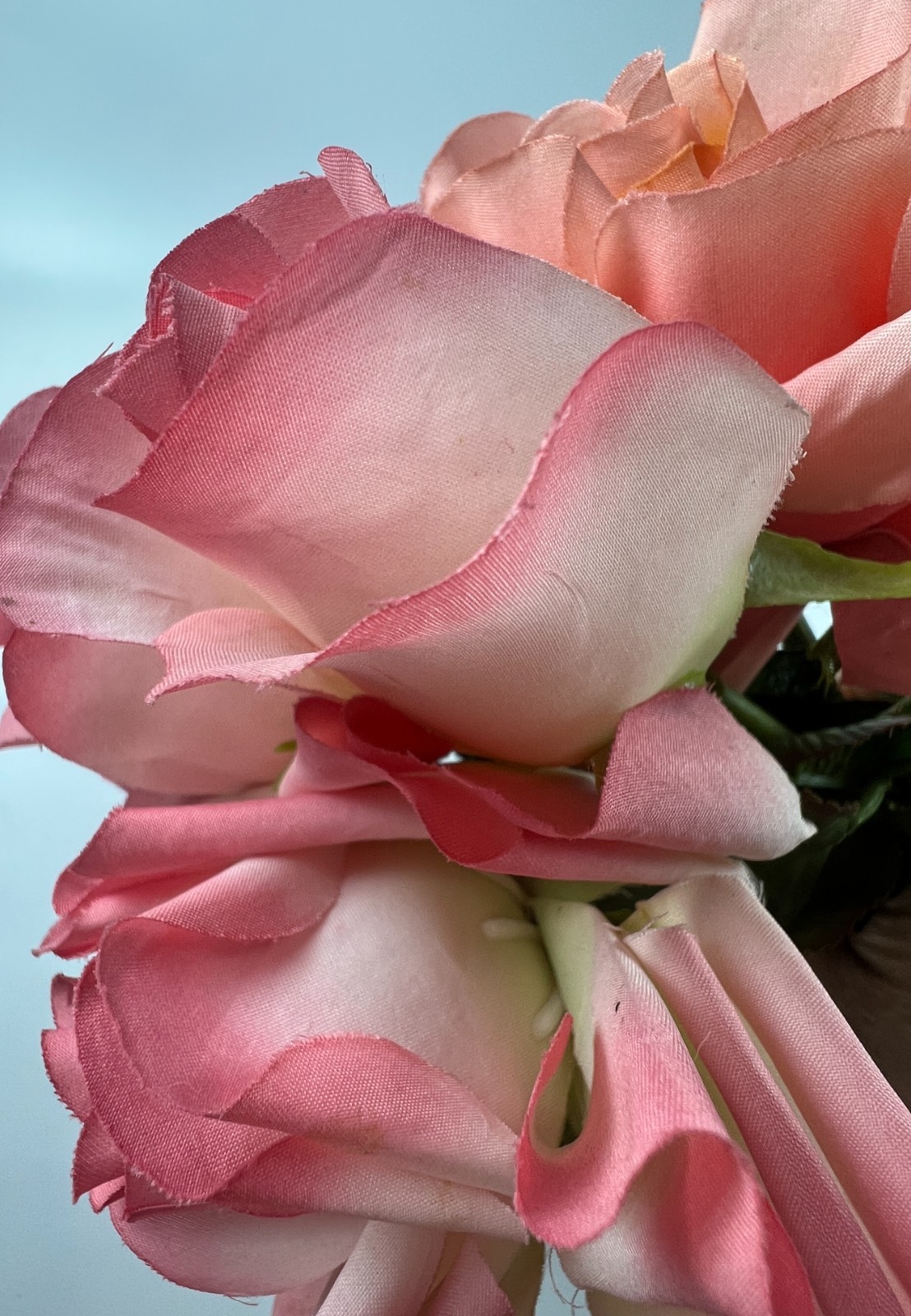 5 True VINTAGE long stem silk roses pink peach cream ombre thorn faux artificial