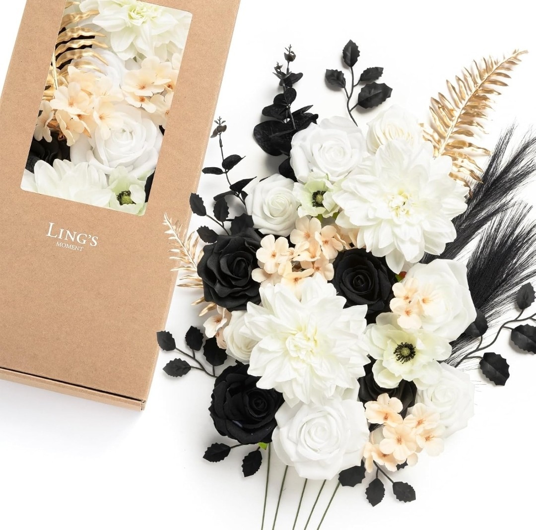 Ling’s Moment Fake Flowers Box, Stems Roses Hydrangea Eucalyptus, Black & Gold