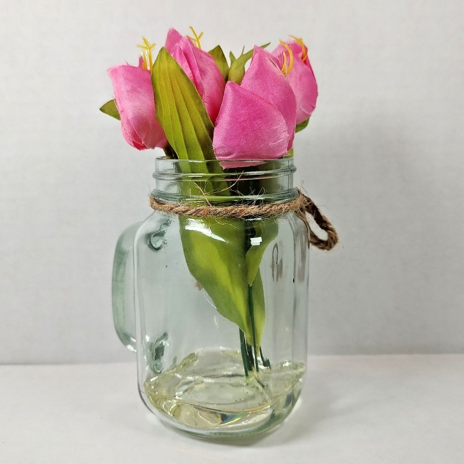 Artificial Flower Market Bouquet Arrangement Mason Jar Vase Glass w/ Handle New