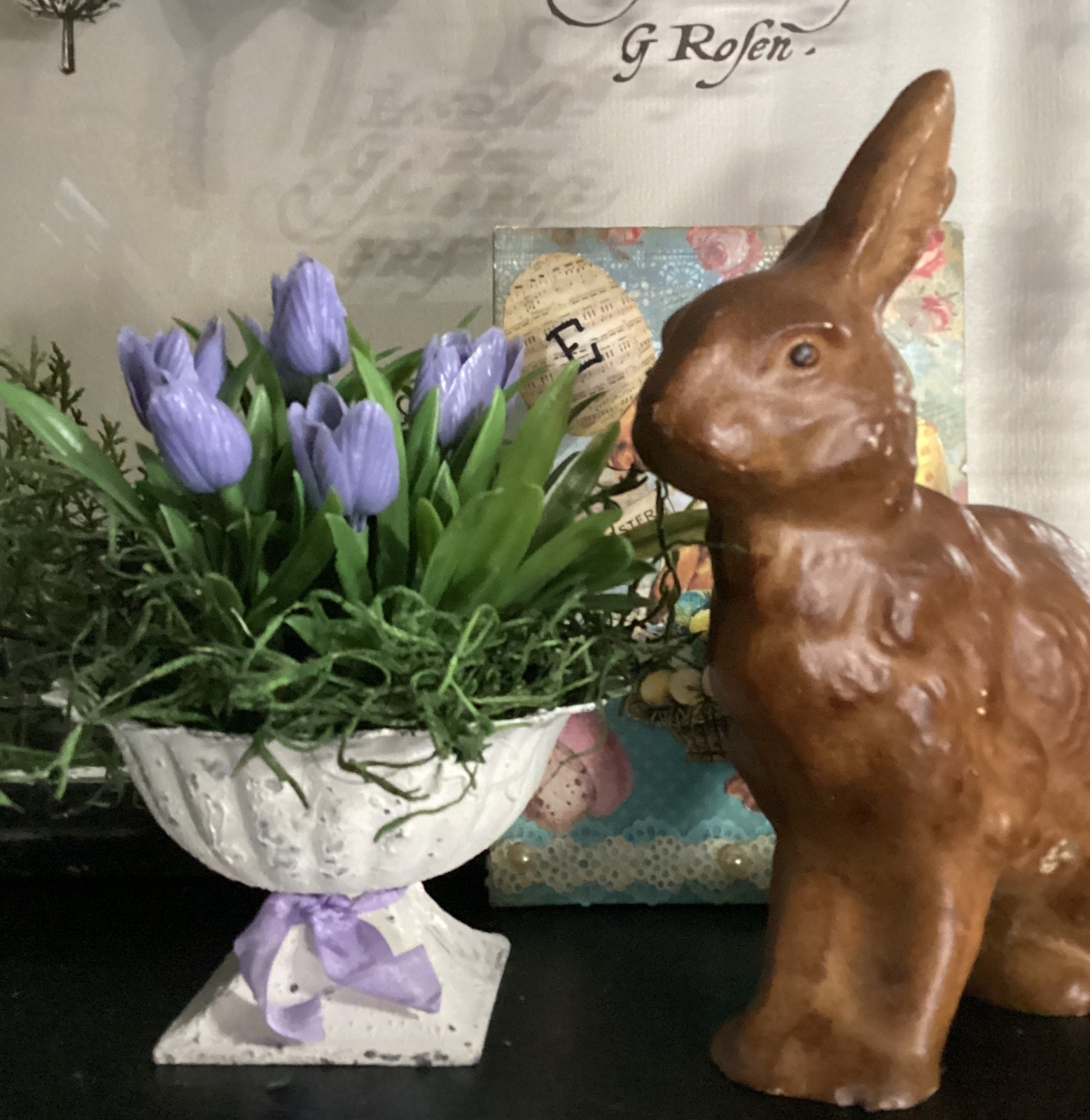 Rustic Farmhouse Shabby White Urn Spring Planter with Spring Purple Tulips