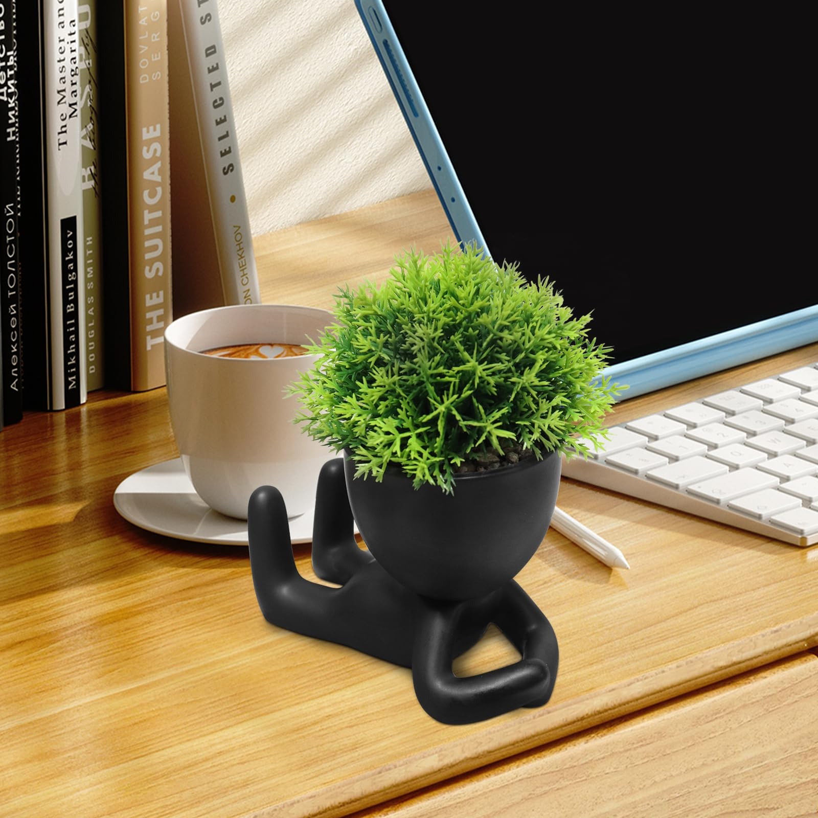 Artificial Plants in Pot Head Cute Human Shape Desk Decoration for Office