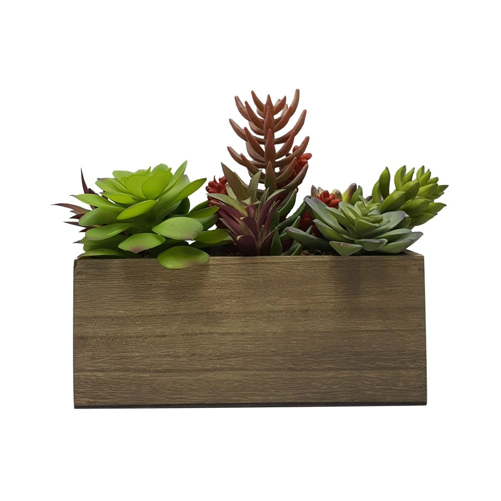 ARTIFICIAL MIXED SUCCULENT PLANTS 7.5 In High in Wood Box