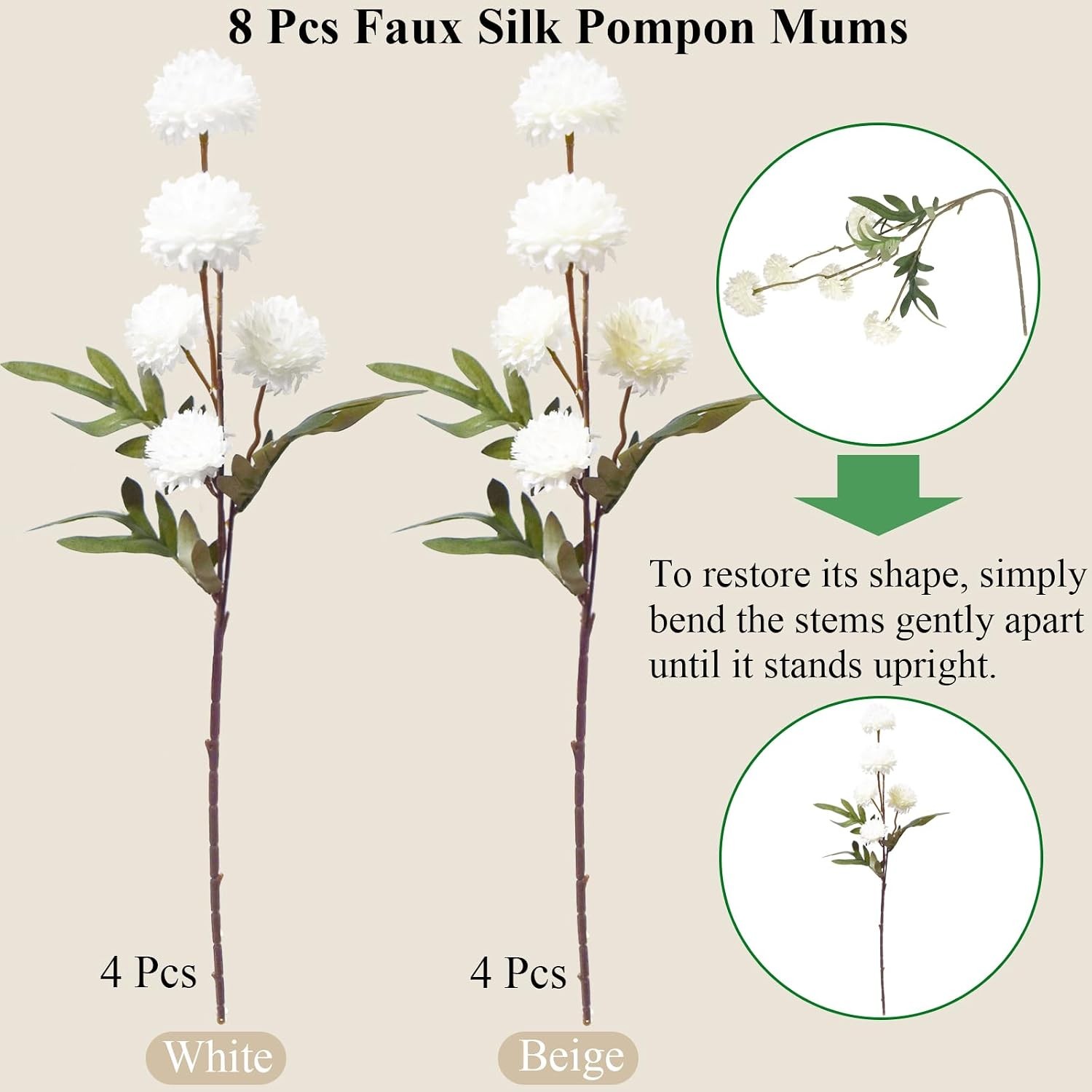 8 Pcs Artificial Flowers White Beige Faux Silk Pompon Mums, 20″ Long Stem Fake