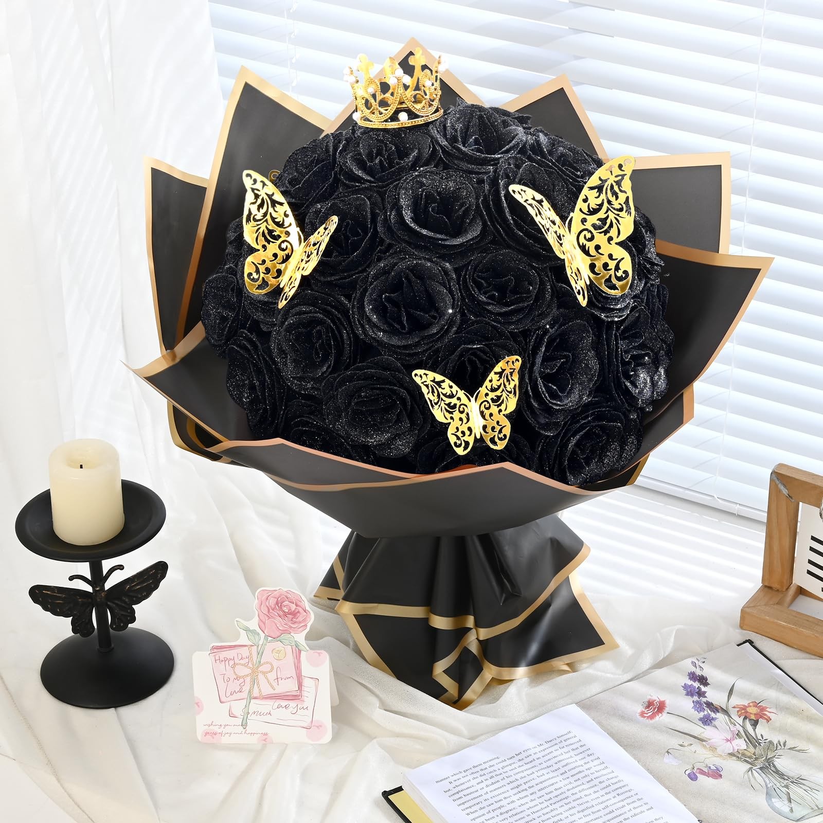 36 Black Glitter Roses Bouquet, DIY Fake Flowers, Everlasting, Valentines, Gift