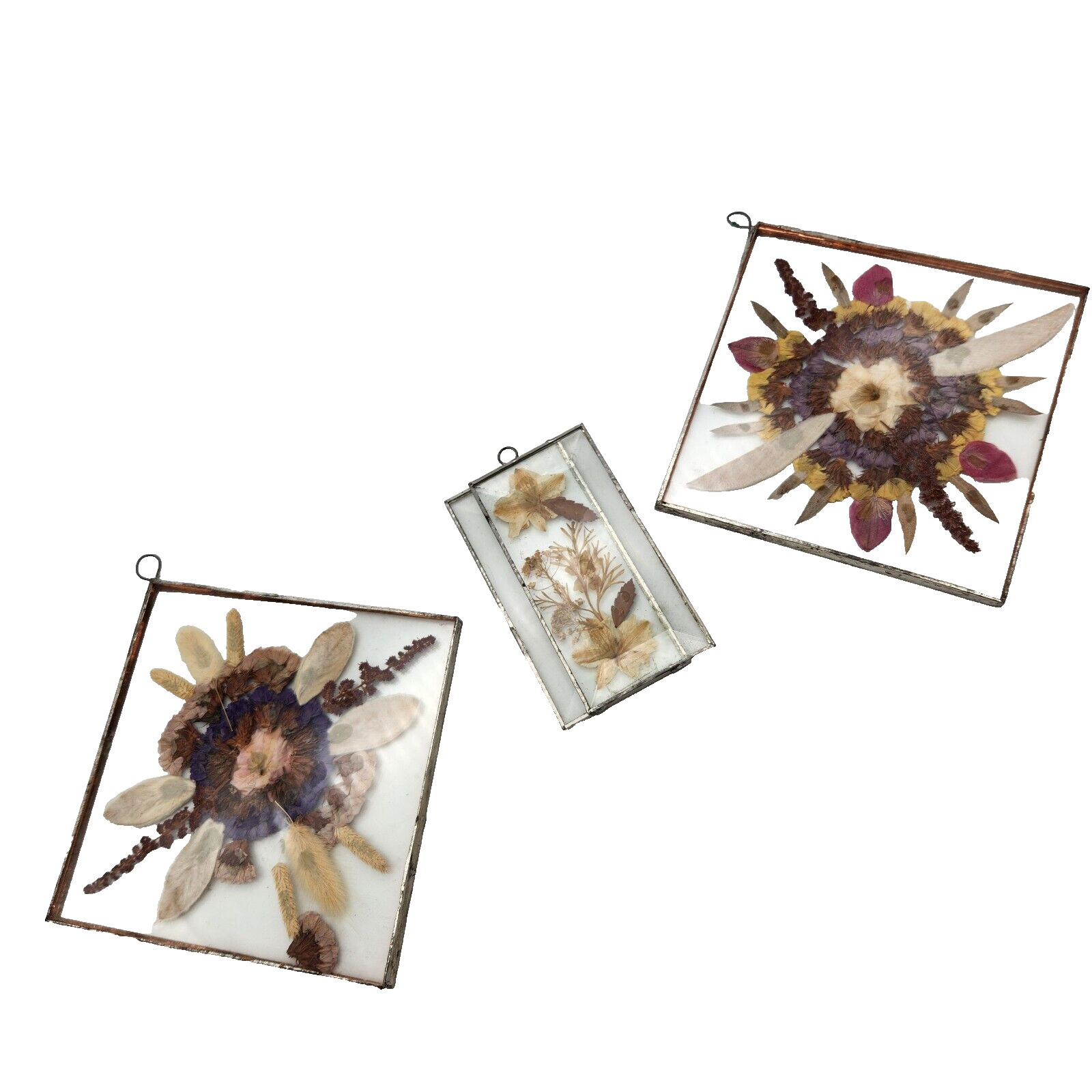Terrarium Faux Dried Flowers Set Of 3 Beveled Glass Silver Copper Vintage 70s