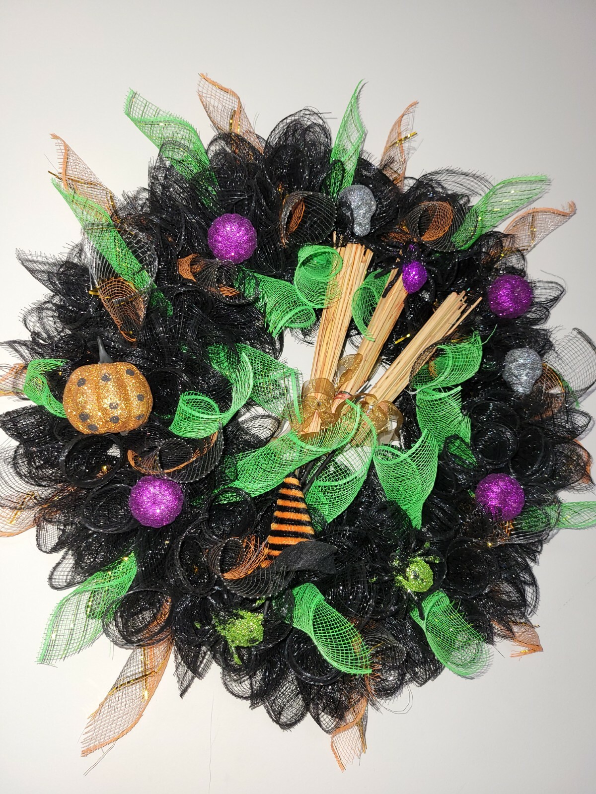 Halloween Deco Mesh Front Door Wreath Wall Decoration 18″ purple green black