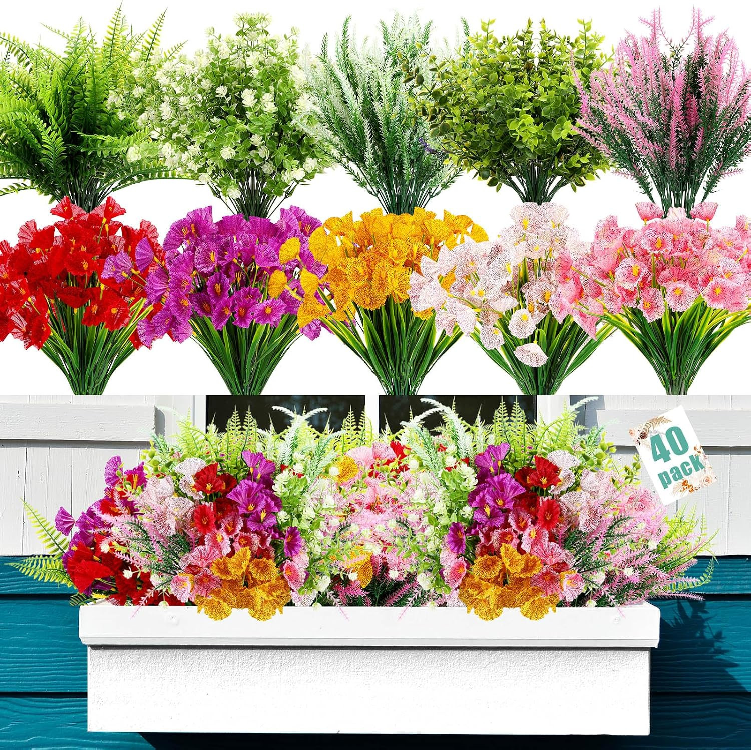 40 Bundles Artificial Flowers for Outdoor No Fade Faux Artificial Plants Shrubs