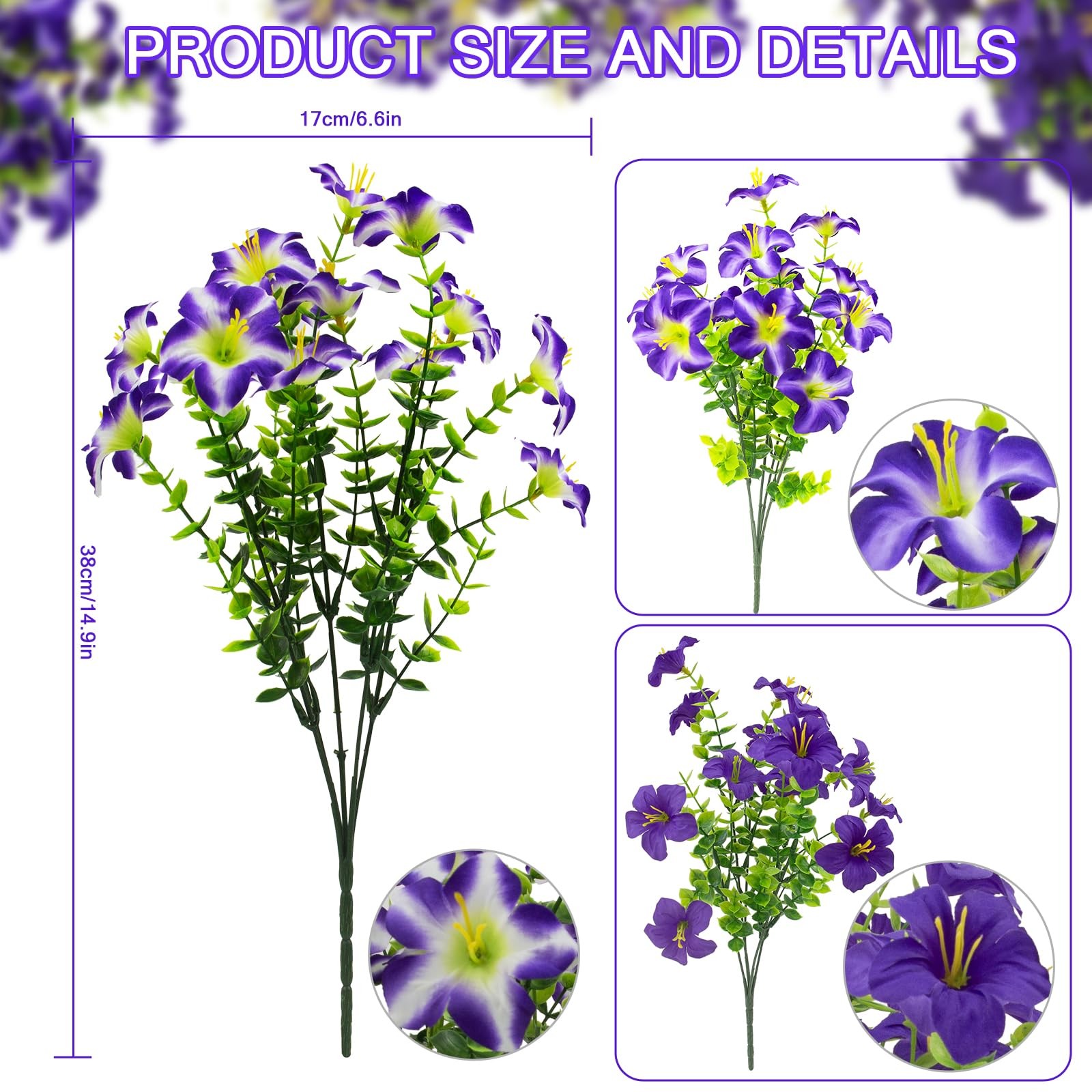 16 Pcs Faux Petunias Artificial Flowers for Outdoors, UV Resistant Fake Purpl…