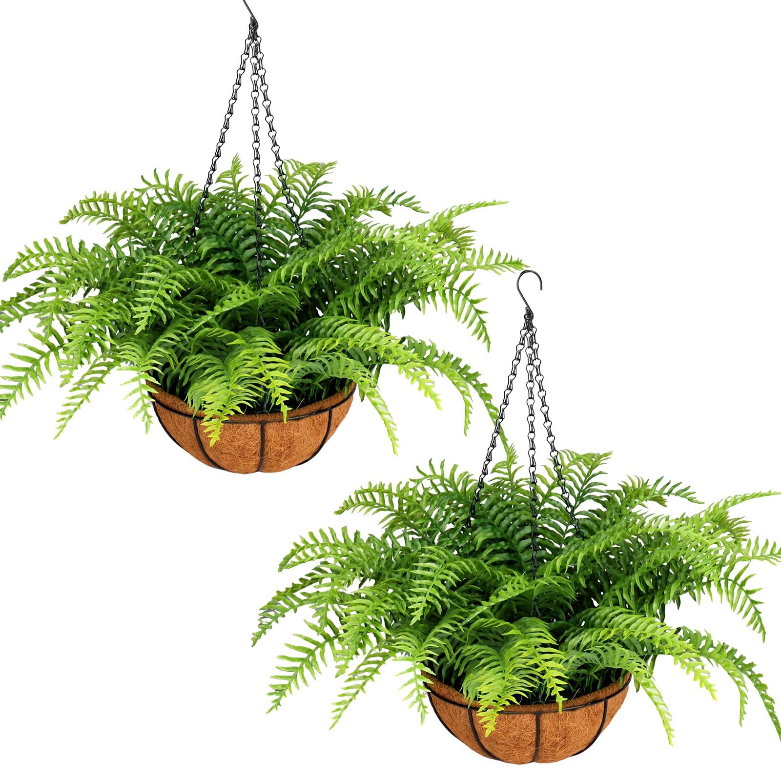 PABREY 2 Set Fake Ferns with Hanging Baskets, UV Resistant Fake Hanging Ferns…