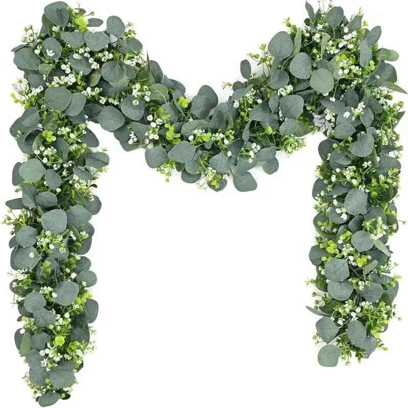 2025 Popular Artificial Green Eucalyptus Garland with White Flowers & Berries
