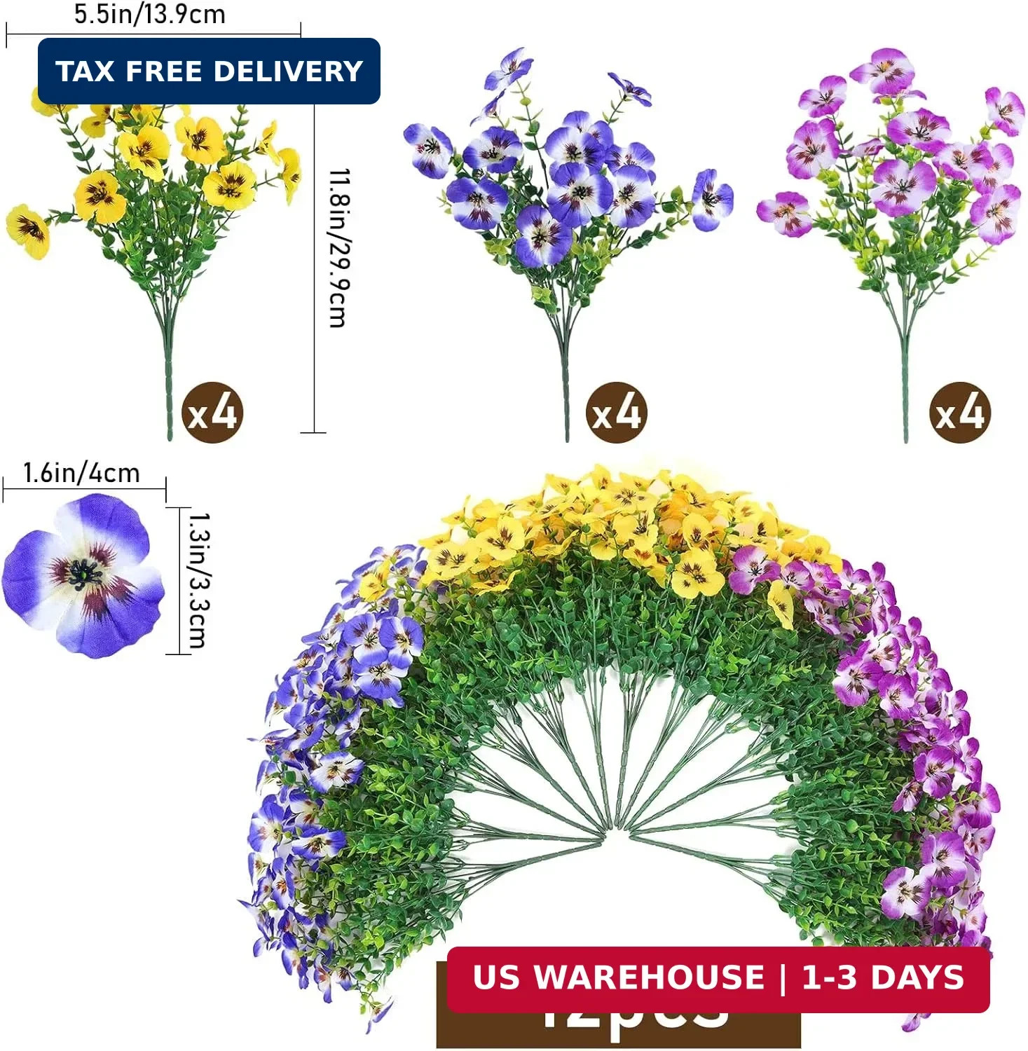Artificial Pansies Flowers for Outdoor Faux Flower Spring Summer Decor, 12 Bundl