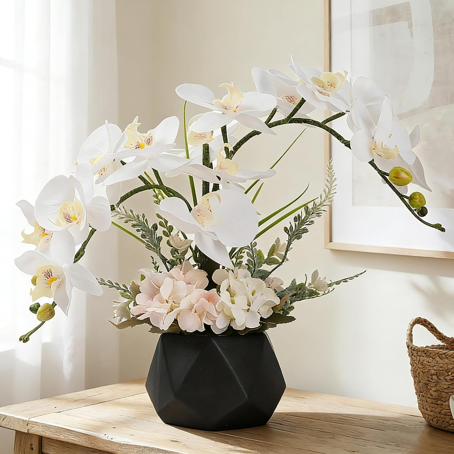 Real Touch White Orchid in Black Vase – Elegant Table Centerpiece Decor