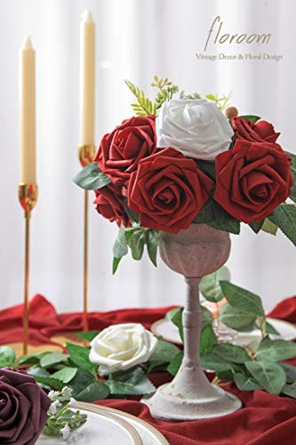 floroom Artificial Flowers 25pcs Real Looking Dark Red Foam Fake Roses with