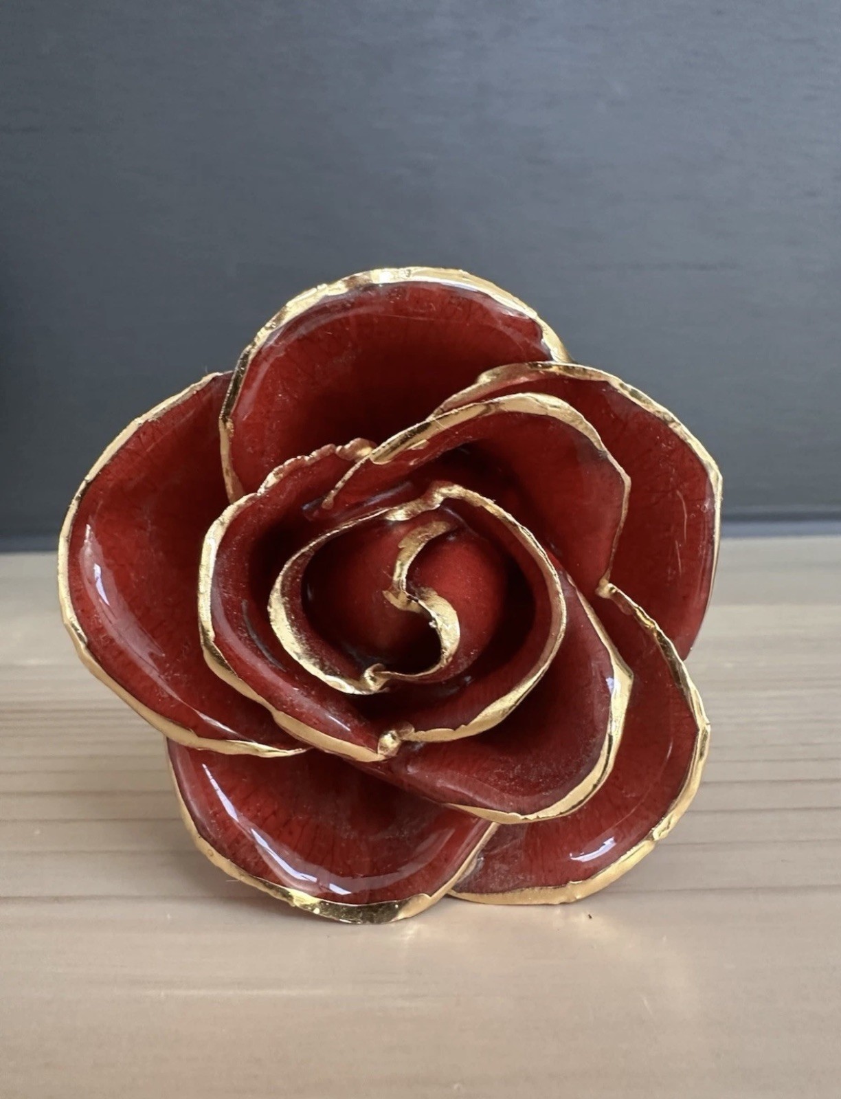 Steven Singer Jeweler Real Rose Preserved Dipped in 24 Karat Gold Red No Box 12”