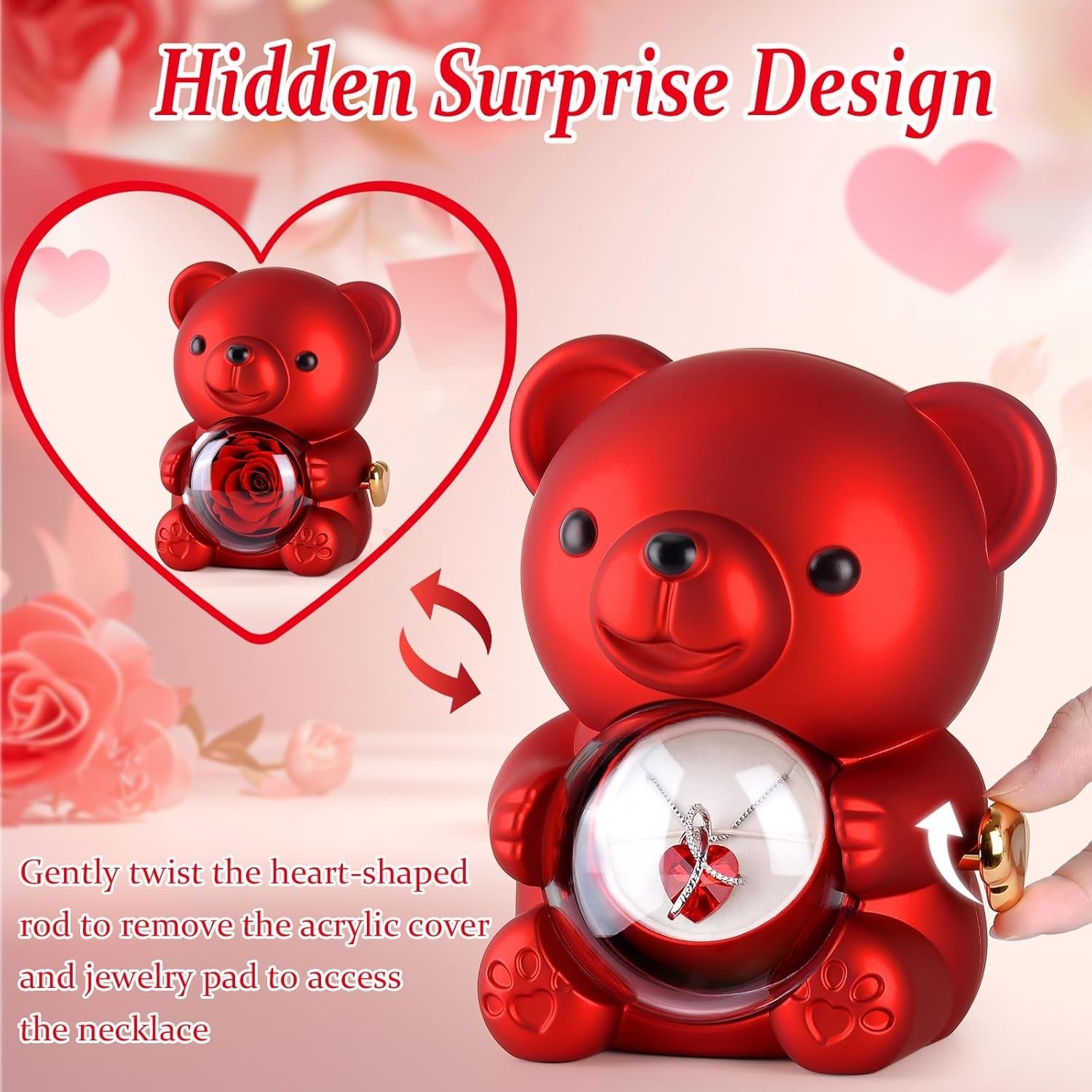 Teddy Bear with Preserved Rose,Eternal Flowers Rotating Rose Box with Necklace R