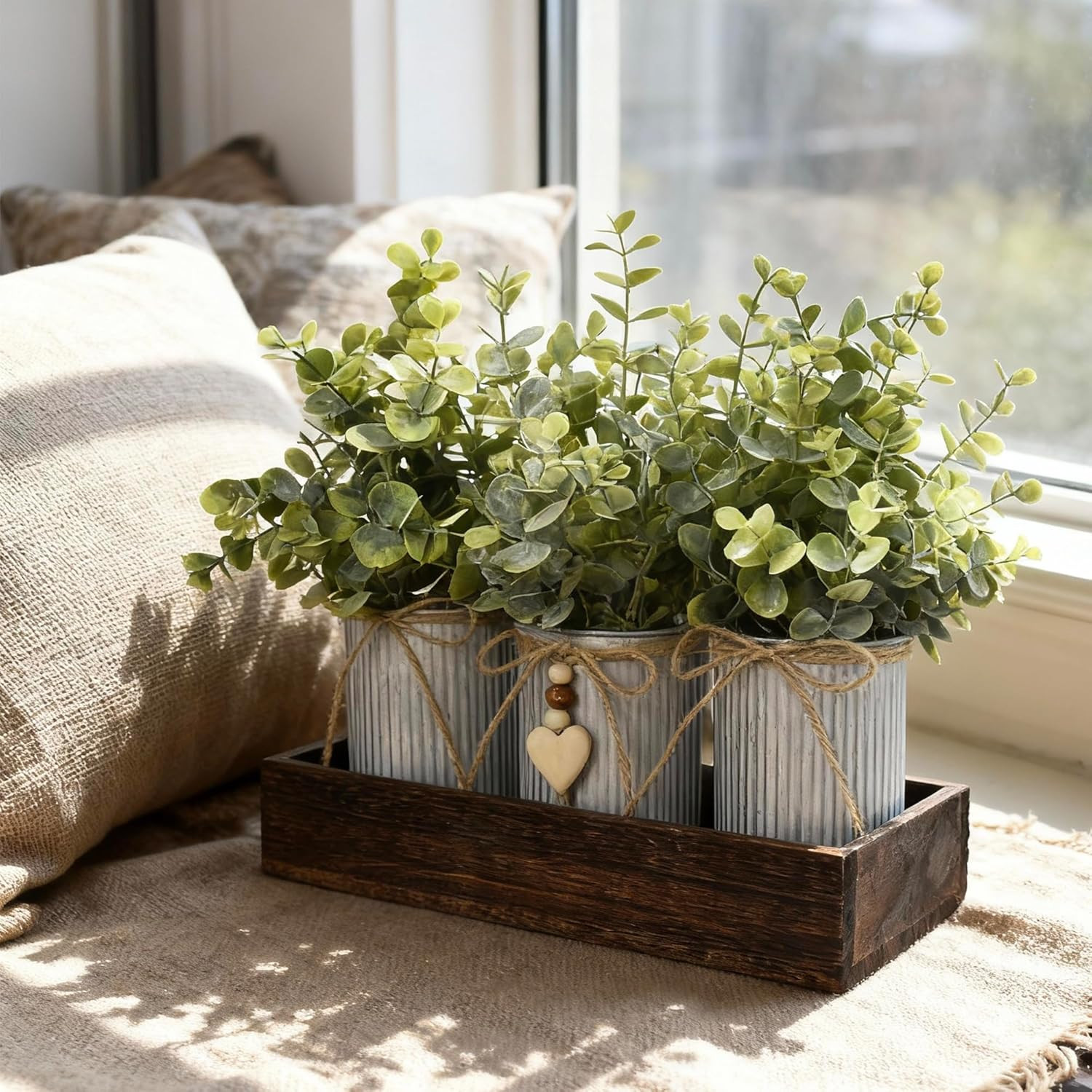 Rustic Farmhouse 3-Piece Artificial Eucalyptus Centerpiece – Wooden Tray with 3