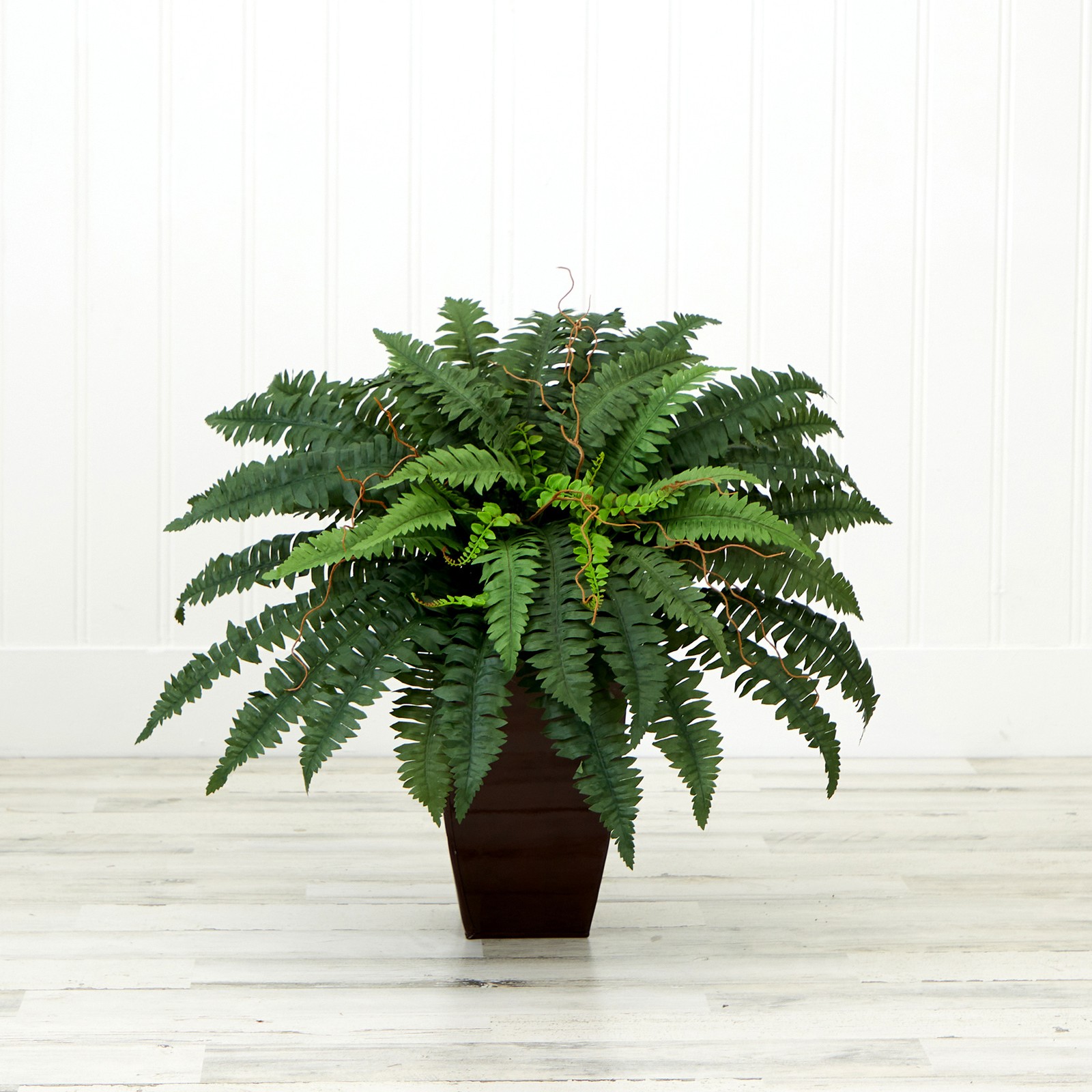 Nearly Natural 23″ Boston Fern w/ Tapered Bronze Square Metal Planter DIY KIT