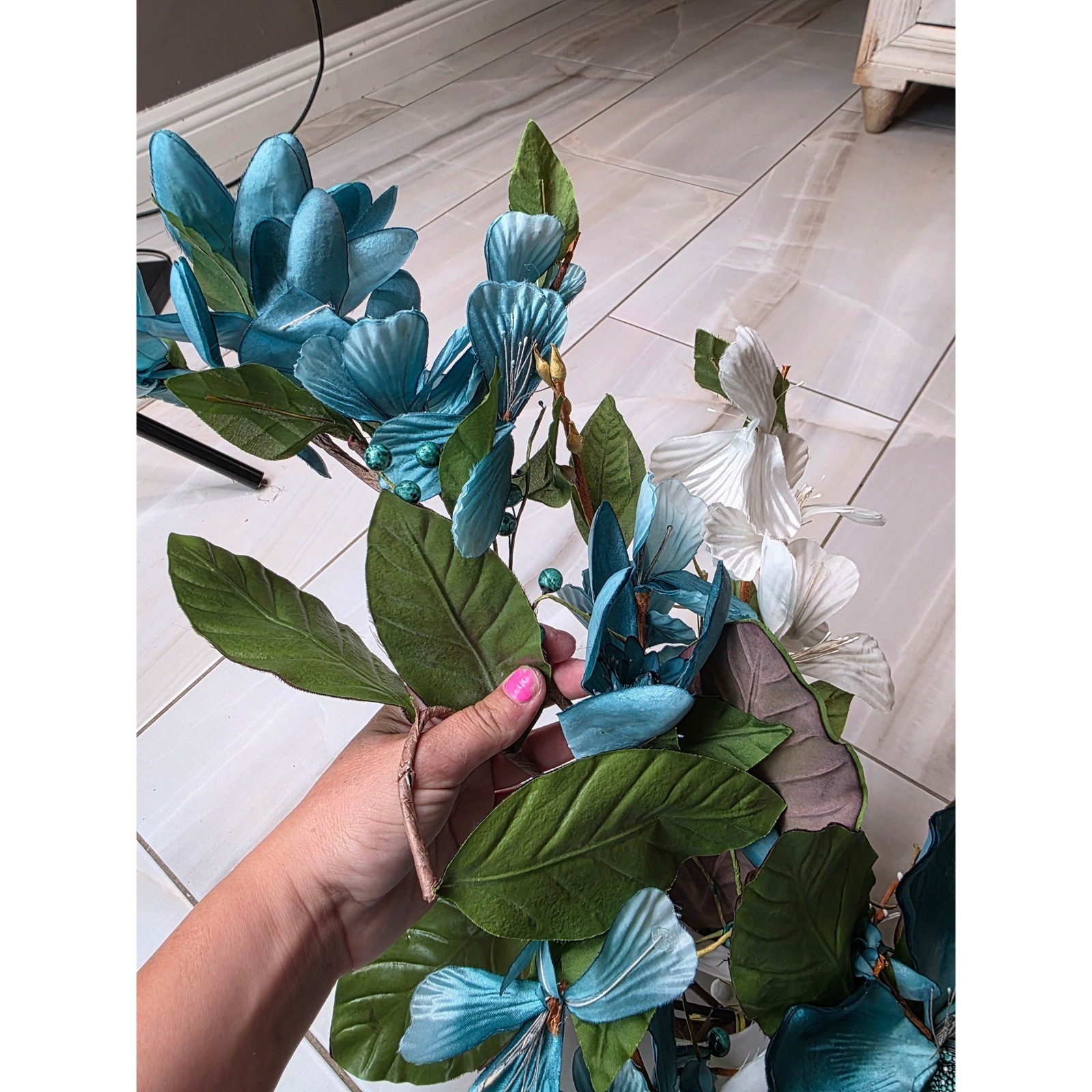 Large Teal & White Floral Wall Decor Metal Flower Wall Art 37″ Wide