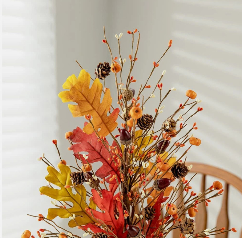 20″ H Fall Harvest Pumpkins Table Tree with Burlap Base Decorative Berries