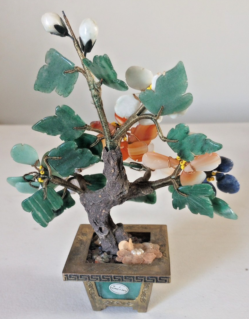 Vintage Carved Jade / Gemstone Bonsai Tree w/ Brass Base, Hong Kong, 7.5″H