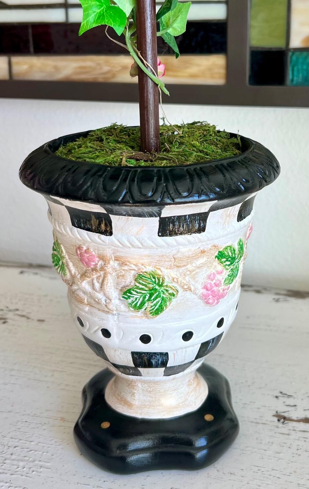 Hand Painted Ivy Floral Rose Topiary – Designer Inspired – Black & White Check