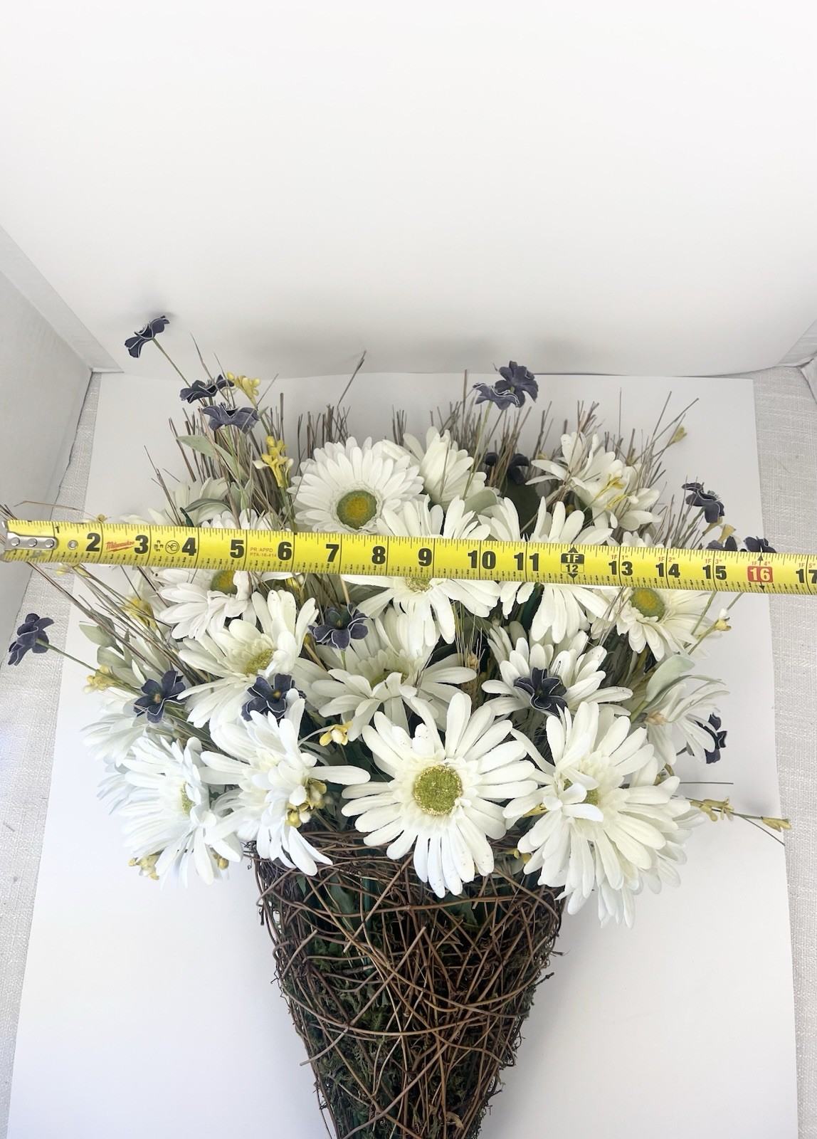 27” Daisy Wall Cone Arrangement-Rustic Twig Basket-Farmhouse Cottage Door Decor
