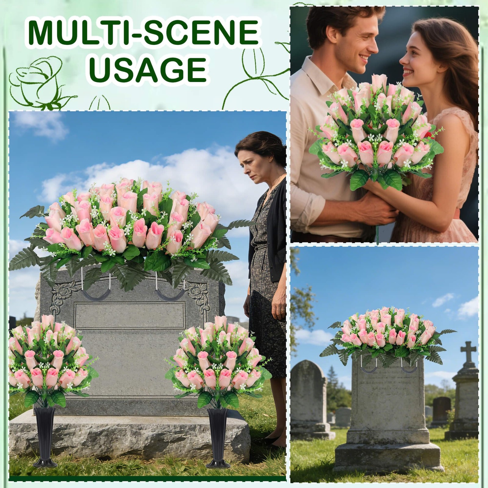 Wocst Cemetery Flowers for Grave,Headstone Flower Saddle with 2 Sets Grave Ro…